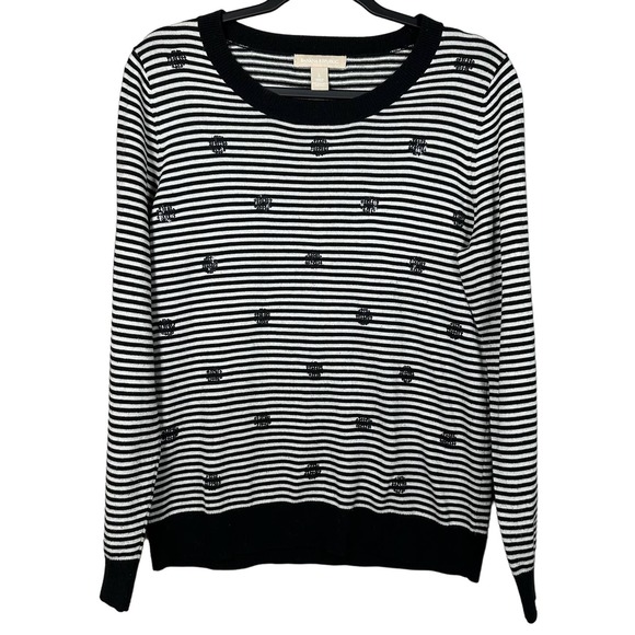 Banana Republic Large Black White Stripe Sequin Wool Blend Pullover Sweater - Picture 1 of 4
